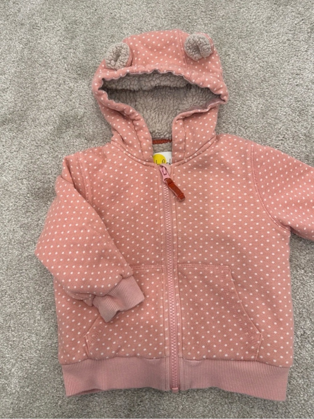 Baby Boden Pink Polka Dot Sherpa Lined Bear Ear Hoodie 12-18M